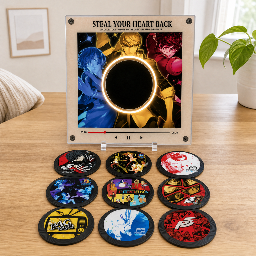 Persona vinyl player and all nine collectible discs on a walnut desk