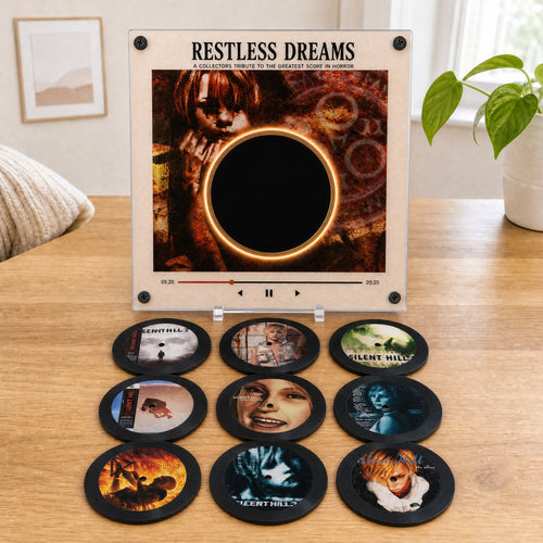 Silent Hill NFC vinyl player and all nine collectible discs on a walnut desk