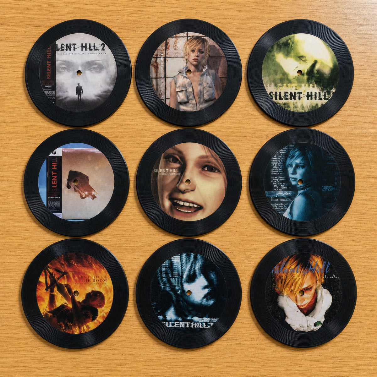All nine collectible Silent Hill NFC vinyl discs laid out